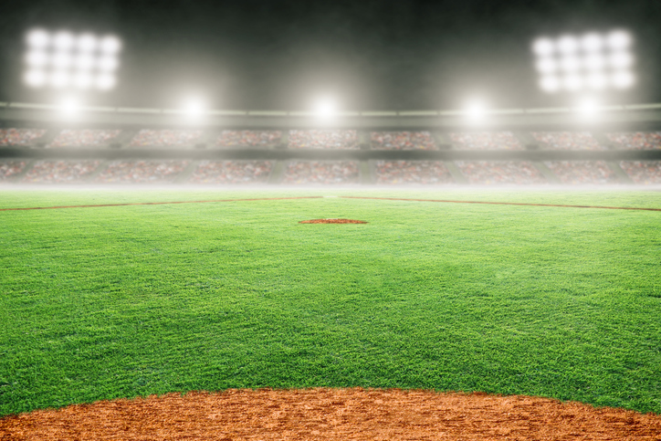 Home baseball field in outdoor stadium with copy space